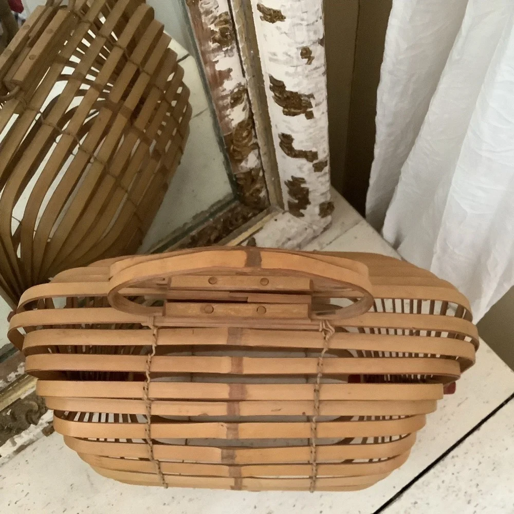 Vintage Japanese Folding Collapsible Wood Market Basket Bamboo Wood Purse